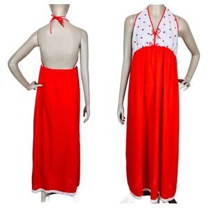 Lorraine Vintage 60's/70's Red Embroidered Floral Halter Maxi Dress Nightgown